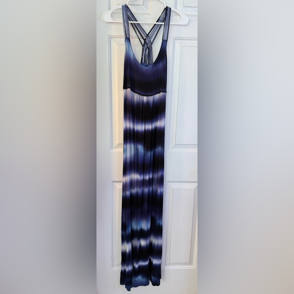 CALVIN KLEIN Tie Dye Maxi Blue Black Navy Crisscross Strap Dress womens size 4